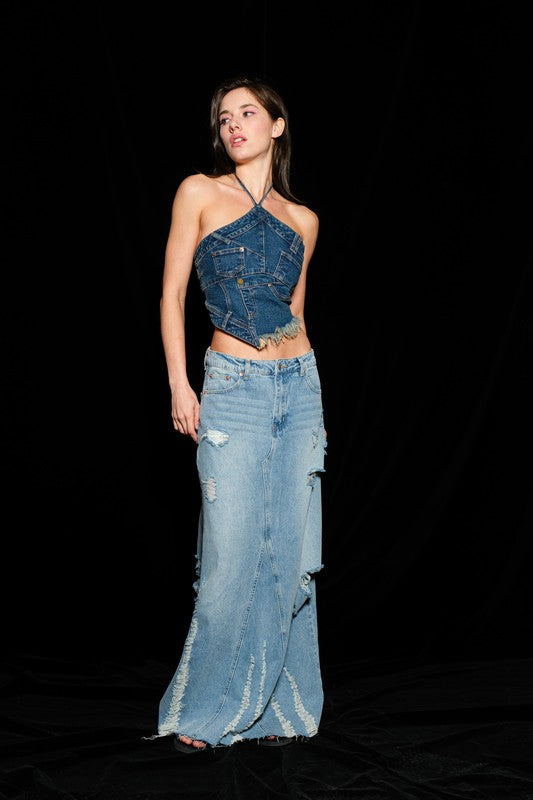 Distressed Denim Maxi Skirt