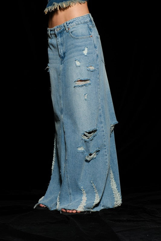 Distressed Denim Maxi Skirt