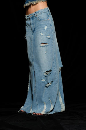Distressed Denim Maxi Skirt