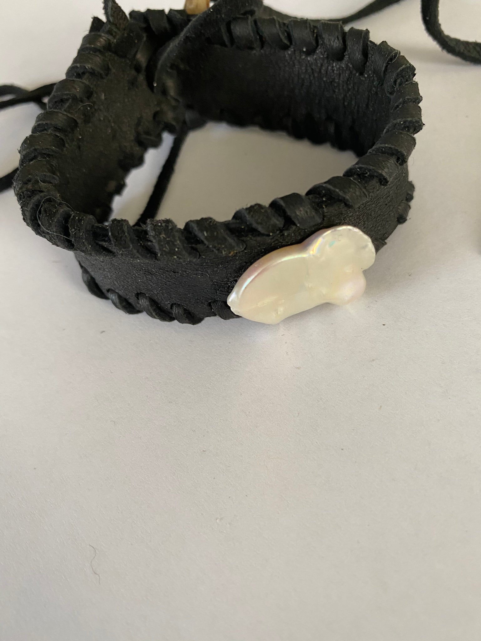 Kesha Pearl and antler leather cuff