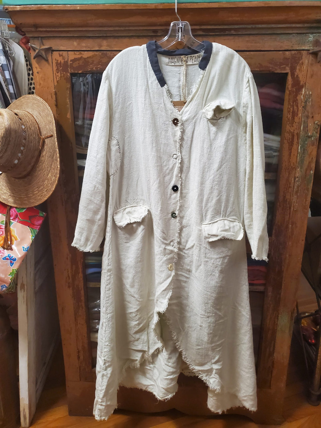 Magnolia Pearl Raw Linen Emery Coat with Hand Mending